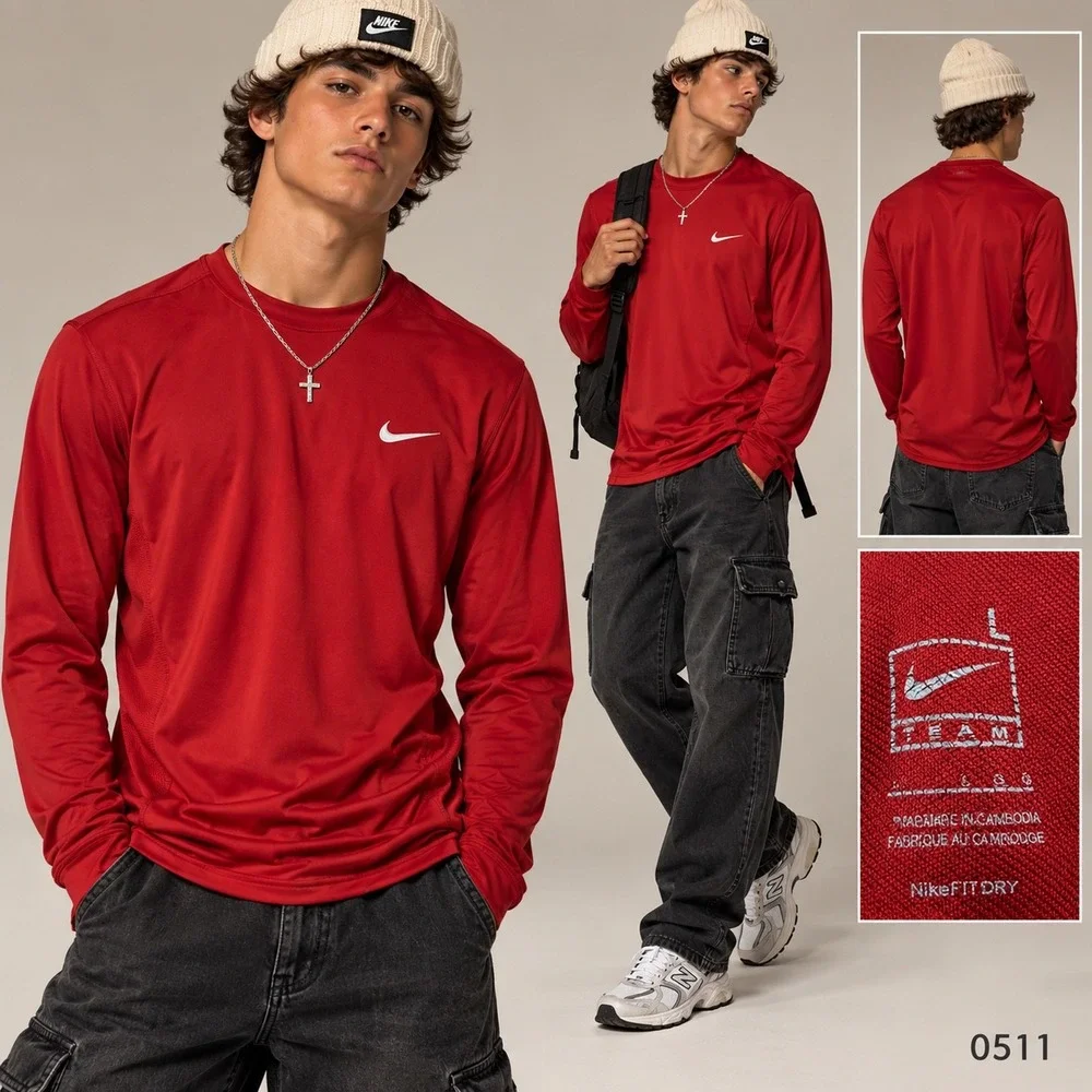 Nike Team Fit Dry Mens Red Long Sleeve Training Shirt Large 0511